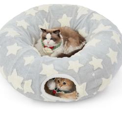 Lesure Donut Cute Jacquard Cat Tunnel Bed Kitten Toys for Puppy Bunny 33.5x33.5x10in,Round Cat Bed Tube for Indoor Cats Rabbit Dog,Pet Peekaboo Cave T