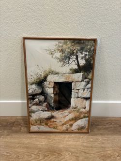 Framed Watercolor Print – Rustic Stone Ruins & Olive Tree, Wood Frame