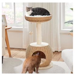 Small Boho Cat Tree w/Woven Rattan Perch and Scratching Post