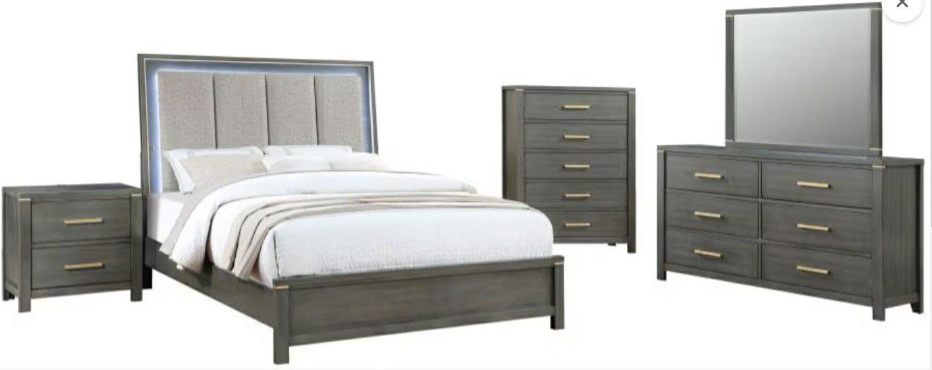 Kieran-4Piece Queen Bedroom Set With Upholstered LED Headboard-Grey
