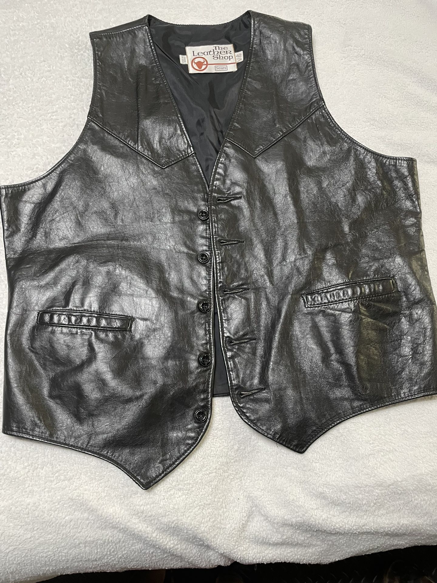 Vintage Black Leather Motorcycle Vest The Leather Shop Sears 42 Reg Lined