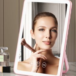 Makeup Vanity Mirror with LED Lights, 3 Colors Dimmable Touch Screen, Portable Lighted Beauty Mirror Travel Essential Tabletop LED Folding Cosmetic Va