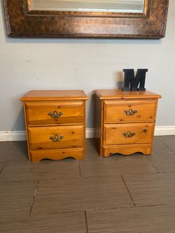 Pair of Pine Wood Nightstands with Drawers