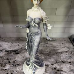 Vintage Ceramic Woman Statue, Grey Dress, Scarf, and Hat