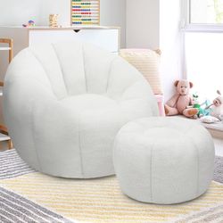 White High Density Memory Foam "Bean Bag" Chair & Ottoman (Teddy Velvet Cover) [NEW] **Retails for $190 