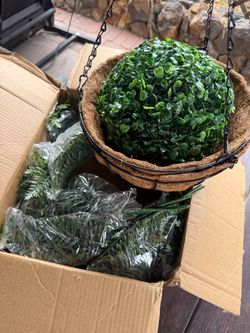 Artificial Boxwood Ball Hanging Basket Green Hanging Leaves, 10in