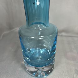 Vintage Krosno Poland Blue Glass Carafe Decanter Pitcher Bubble Blown Base MCM