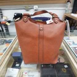 Time and Tru Women’s Juniper Bucket Bag – Cognac/Faux Leather Purse 