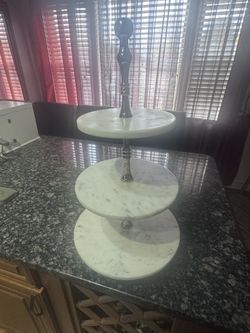 Display Stand 3 Tier Round Nickel Plated Aluminum and Marble 
