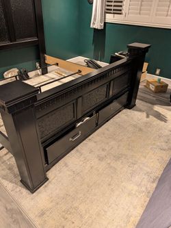 Solid Wood King Bed Frame w/ Storage Drawers & Tall Headboard – Black