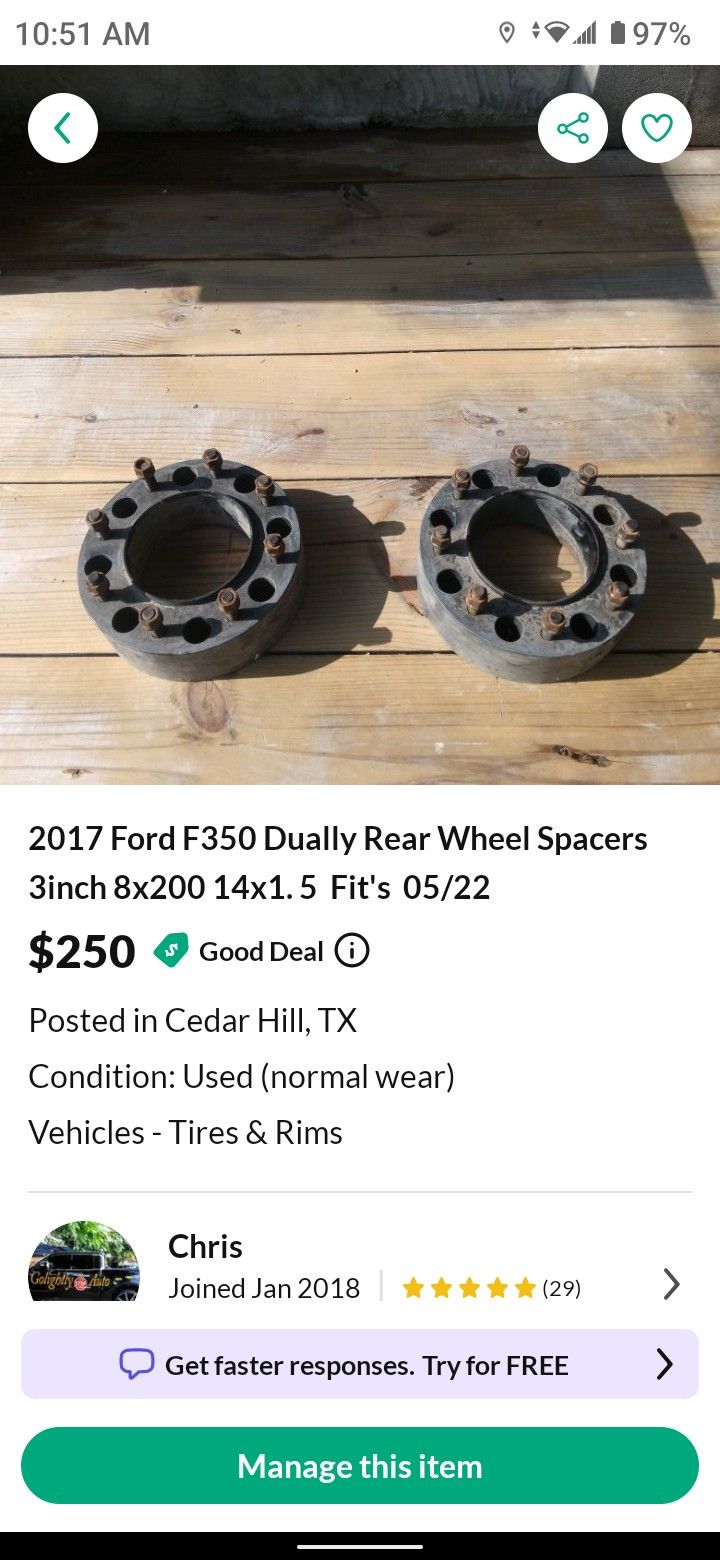 Ford F350 Dually Rear Wheel Spacers 8x200 14x1 .5 Fit's 05/22 