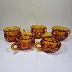 Set of 5 Vintage Thumbprint Amber Indian Glass Cups Goblets MCM