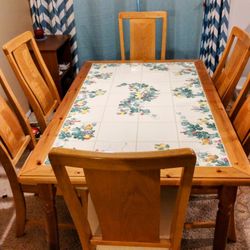 Italian Hand Painted Kitchen Table..Grape Vine Design!@..Solid Wood And Tile Top..Size 62x38 Wide 30 Inches Tall...6 Padded Solid Wood Kitchen Chairs.