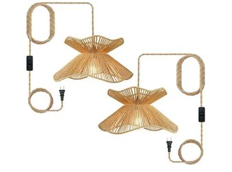 7748: New 2pk Bohemian Rattan Chandelier 19.7" Wide | Farmhouse Hemp Rope Braided Hanging Fixture | Double Layer DIY lampshade for Kitchen Island, Liv