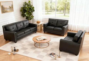Black leather three piece couch set