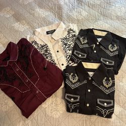 4 Western style Men Shirts, 2 Men Extra Large Size  2 Kids. Size. 5 and 6 Size  Men$ 25  each  Kid’s $15. Each 