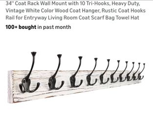 34'' Coat Rack Wall Mount with 10 Tri-Hooks, Heavy Duty, Vintage White Color Wood Coat Hanger, Rustic Coat Hooks Rail for Entryway Living Room Coat Sc