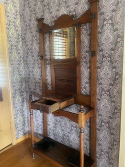 Solid Oak Hall tree with mirror and umbrella stands
