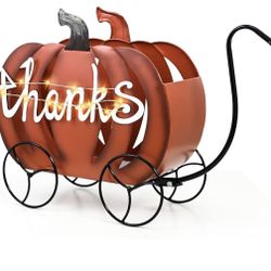 Metal Lighted Pumpkin Wagon Cart with Thanks Sign Decoration, Fall Outdoor and Indoor Décor, Yard, Garden Statue, Porch for Thanksgiving