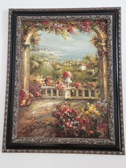 Framed Oil Painting Garden Terrace Landscape