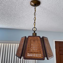 1970’s Boho Chic Cane and Wood Pendant Light Chandelier 