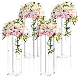 New.  4 Pieces 28 Inch Tall Acrylic Vase Wedding Centerpieces Clear Flower Stand Column Geometric Floral Vase Elegant Display Holder for Birthday Part