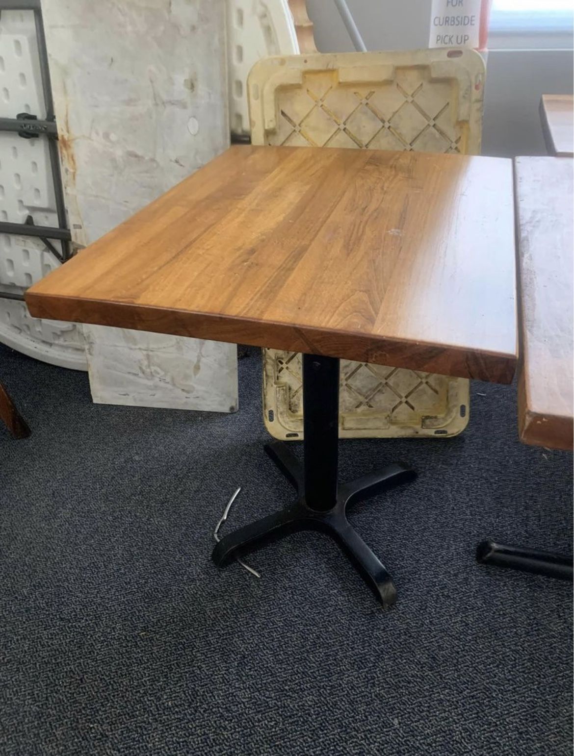 ONE LEFT restaurant table sits 2 comfortably but can sit 4 - refinished after the pandemic. 30”x24”
