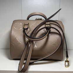 Elegant Taupe Embossed Monogram Satchel with Gold Hardware