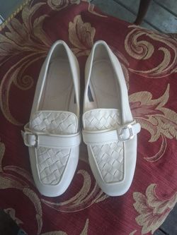 White Woven Leather Loafers with Buckle