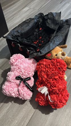 Gift Basket, Stuffed Animal, And 2 Rose Bears