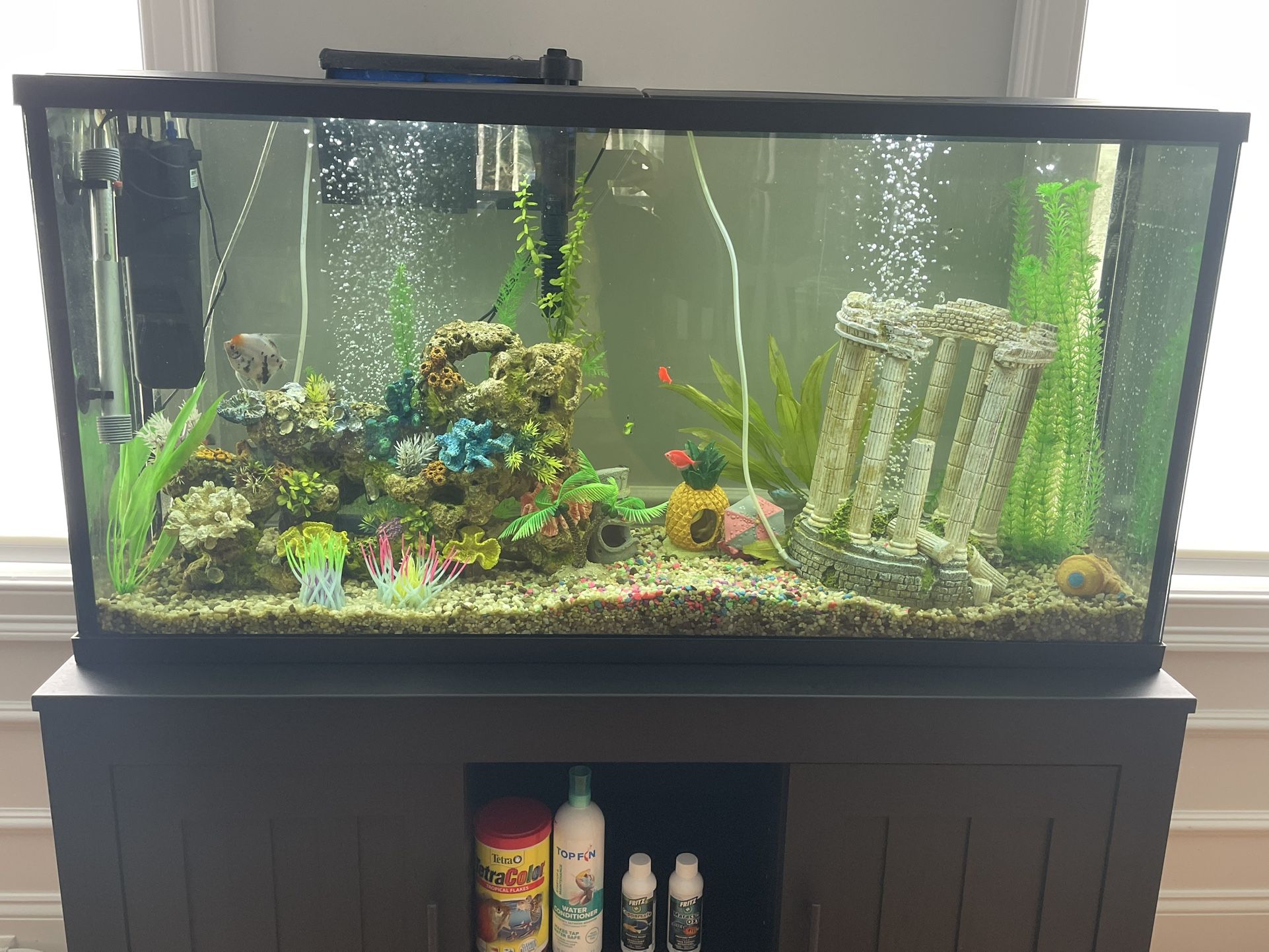 Aquarium Tank With Accessories And Wooden Desk