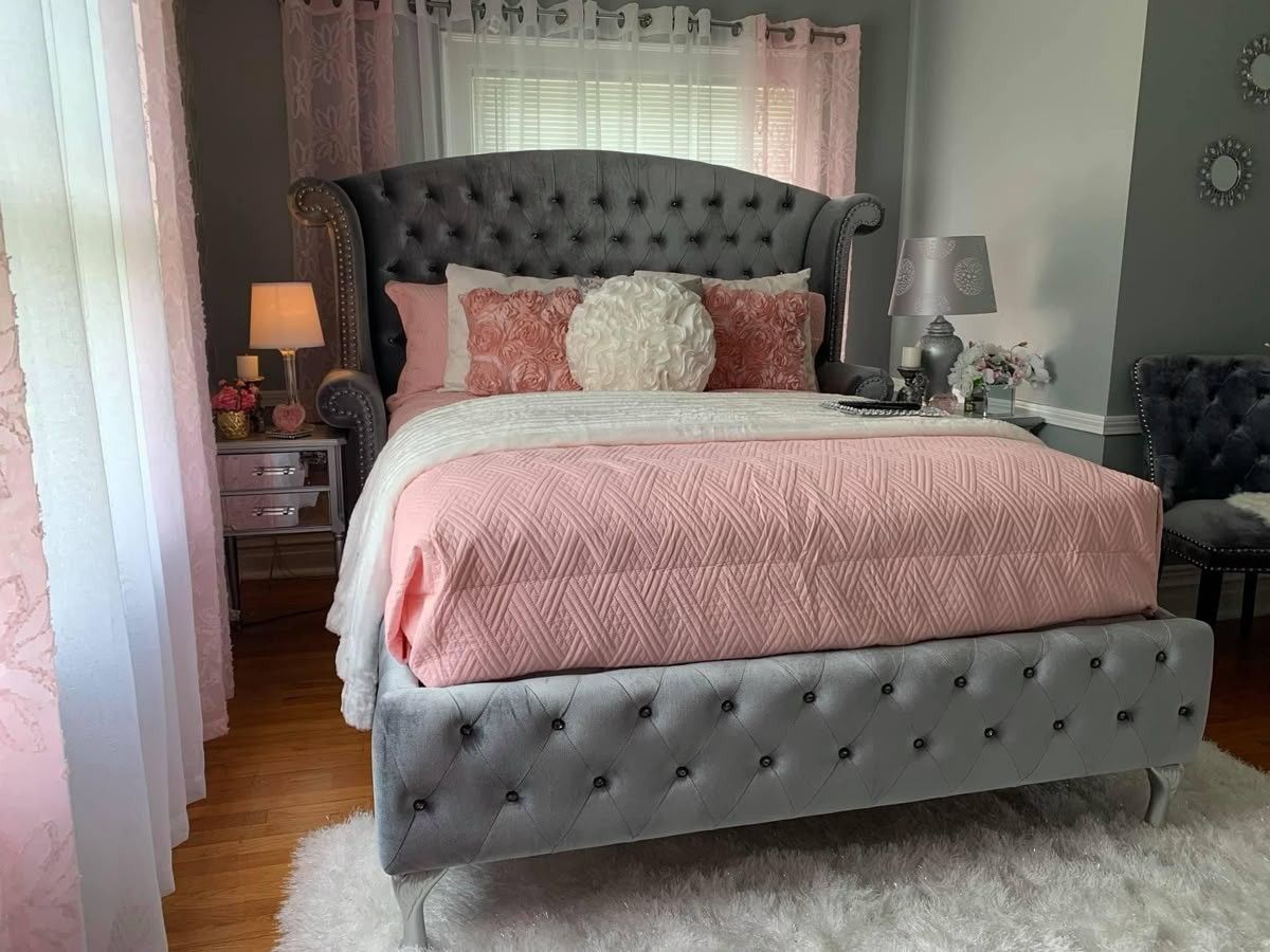 Brand New Upholstered Luxury Tufted Grey King And Queen Size Bed Frame - Mattress | Pay After Delivery 🚚