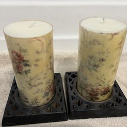 Set Of Pillar Candles With Pattern On Them, In Picture I Took Of Plastic Cover To Show Design, Includes Wooden Base Holder