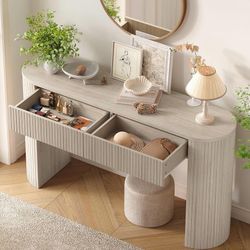 55 Inch Console Table with 2 Drawers, Entryway Tables with Storage Fluted Sofa Table Behind The Couch, Hallway Tables, Mid-Century Modern Foyer Table 