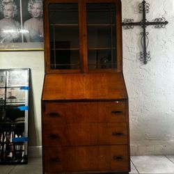 VINTAGE ART DECO TALL SECRETARY DESK WITH BOOKCASE & KEY- Solid Wood