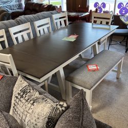 Dinette and four chairs, 999 table and six chairs 1199 bench $149