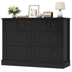 8 Drawer Horizontal Combo Dresser for Bedroom, Modern Chest of Drawers Wood Storage Cabinet, Black.