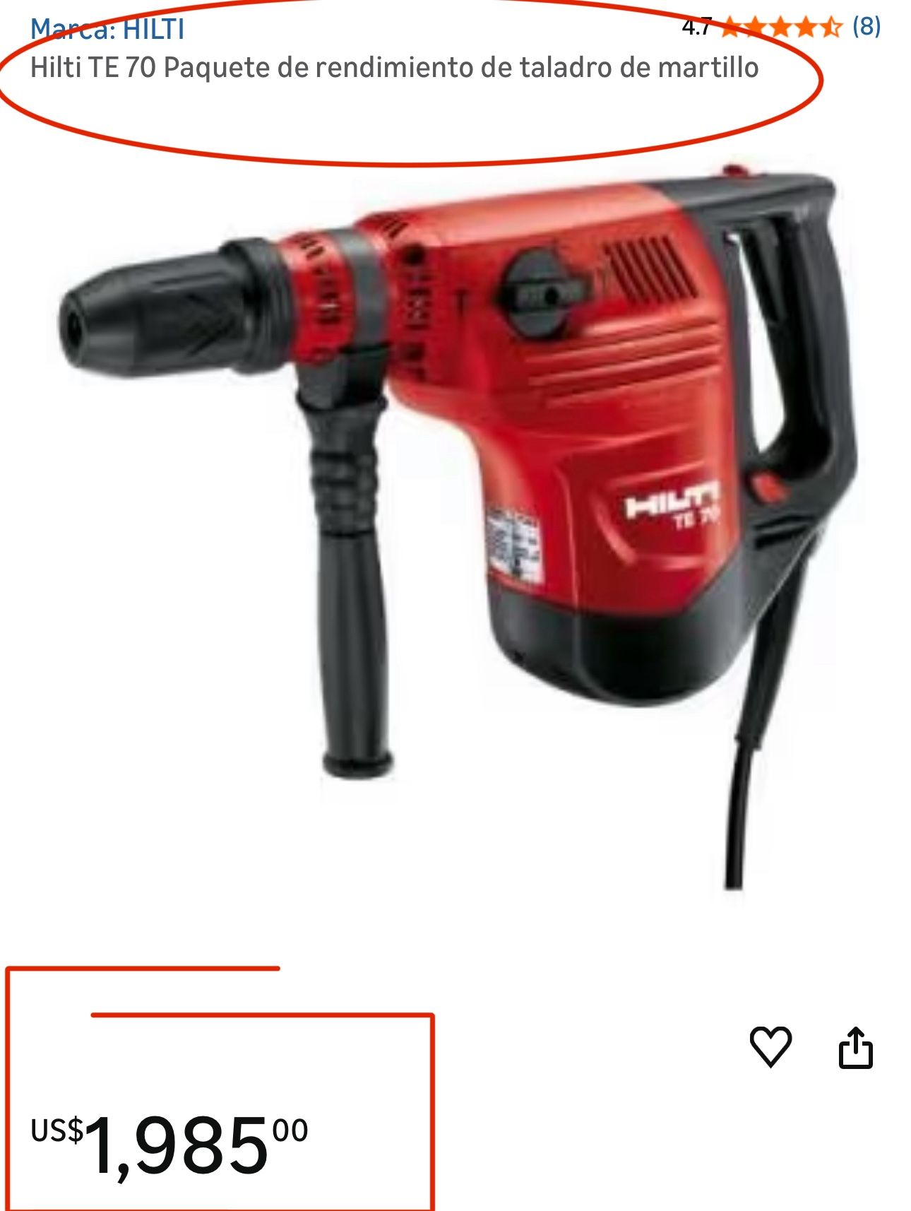 HILTI TE 70 E 70 Corded Rotary Hammer Drill Kit with Pointed Chisel