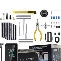 Tire Repair Kit,50PCS Tire Inflator Portable Air Compressor with 24000mwh Cordless Air Pump (150 PSI) for MPVs, Cars, E-Bikes and Motorcycles