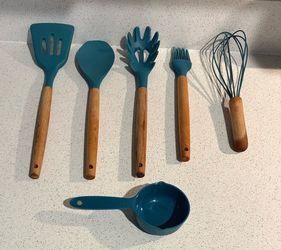 6 Silicone Cooking Utensils w/ Wooden Handles, Dark Blue + 2 other gift