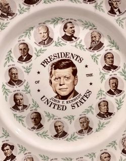 Porcelain commemorative plate titled 'Presidents of the United States' featuring John F. Kennedy