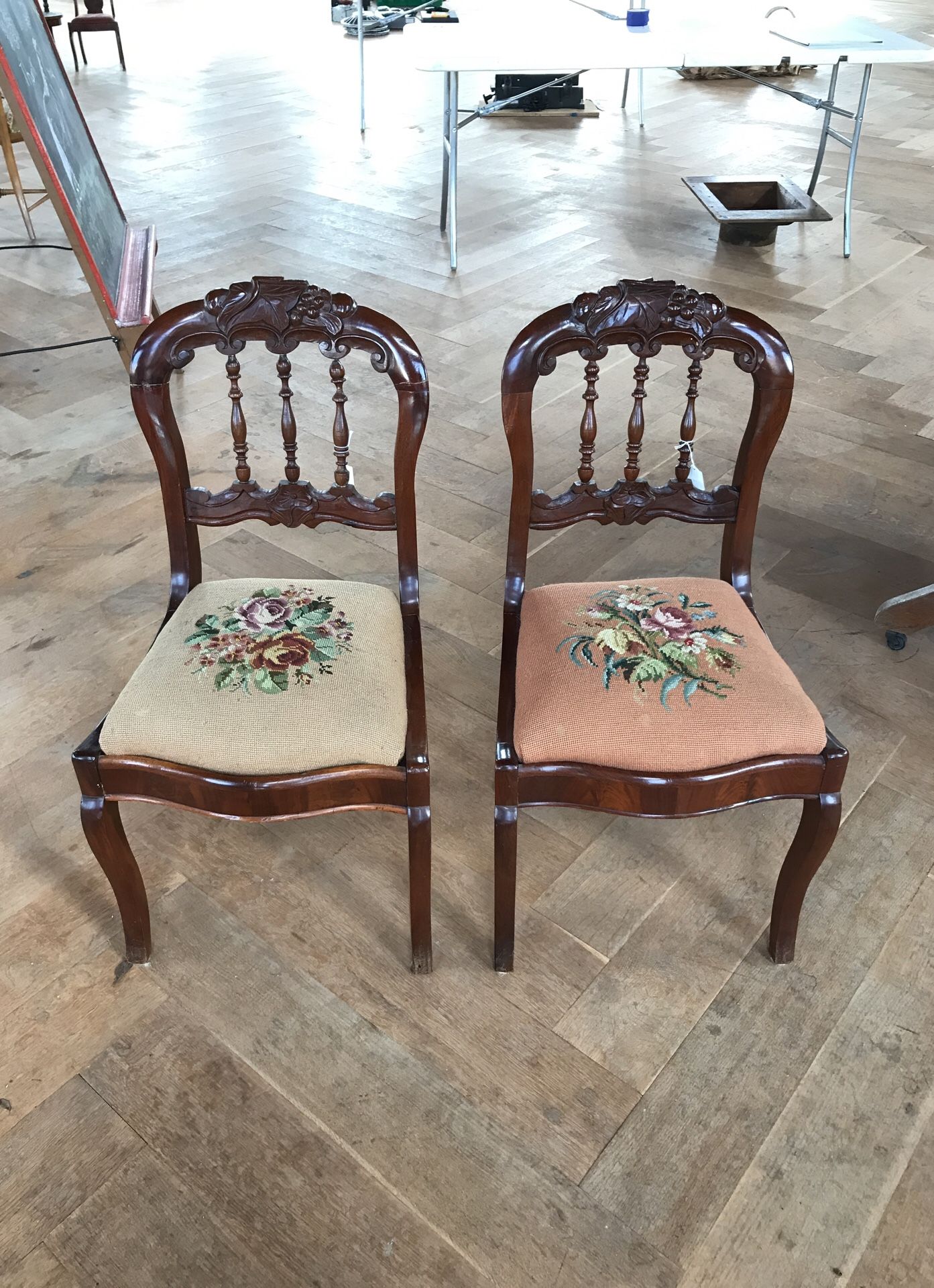 Pair of Antique Carved Needlepoint Chairs