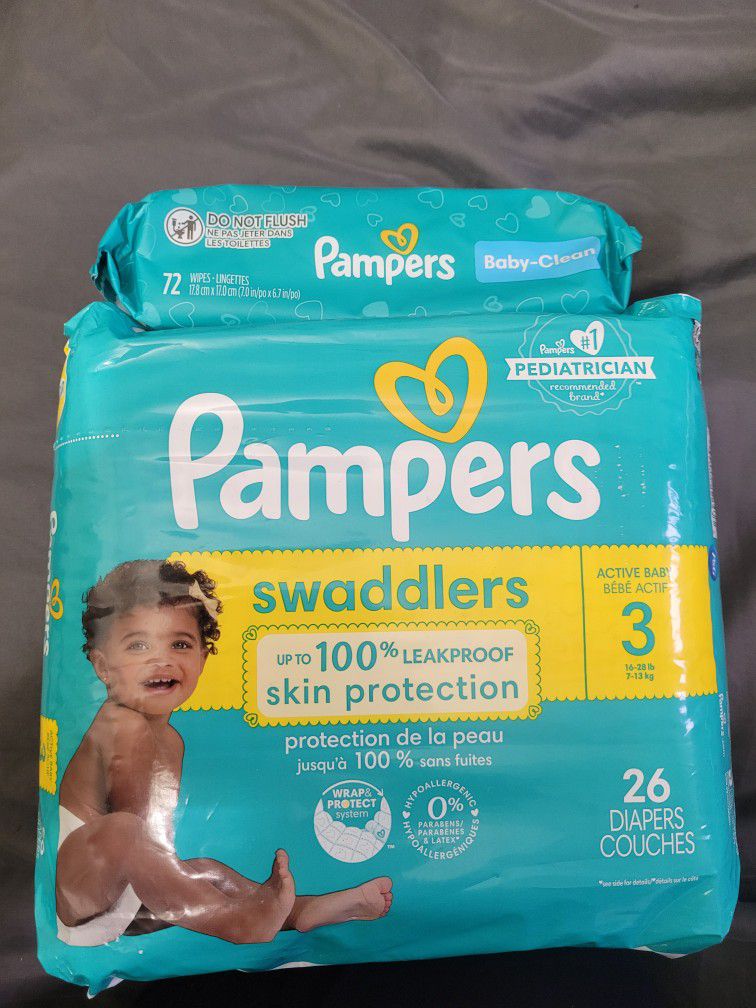 BAG OF PAMPERS SWADDLERS SIZE 3/26 DIAPERS & PACK OF PAMPERS WIPES (72 COUNT) FOR $12/$12 POR LOS 2