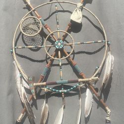 Navajo mandala medicine wheel wall shield with peace pipe dream catcher Native American