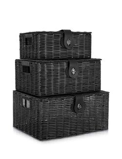 Set of 3 Woven Storage Basket Box Wicker Hamper Stackable Bin with Lid & Lock, Built-in Carry Handles, Organizer for Nursery, Baby C NEW ¿ Retails $39