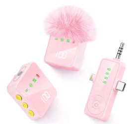Brand new 3 in 1 Wireless Lavalier Microphone for iPhone Android Camera-Pink Mini Mic with Digital Display & Noise Reduction, 20H Battery Life, Mics f