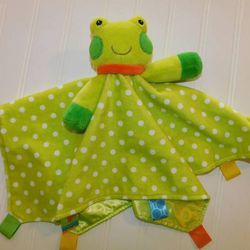 Taggies Frog Baby Lovey Security Blanket Rattle Ribbon Dot Velour Satin 