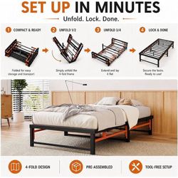 Twin-XL Quad-Fold Bed Frame, Tool-Free, 13" Under-Bed Space, Space-Saving, Heavy-Duty, No Box Spring Needed, Black