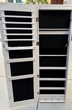 White Mirrored Wall-Mount Locking Jewelry Cabinet