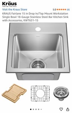 KRAUS Fairlane 15 in Drop In/Top Mount Workstation Single Bowl 18-Gauge Stainless Steel Bar Kitchen Sink with Accessories, KWT631-15